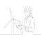 Female engineer with a tablet in a helmet against the background of a wind power station, clean renewable energy