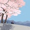Female enjoying blooming sakura in mountains