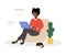 Female entrepreneur. Successful african woman sits with laptop and solves work issues. Modern office worker or business