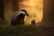 Female European Badger and her baby cub walking through the woodland - Generative AI art