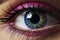 Female eye with bright and colorful makeup with eye shadow, mascara and contact lenses close-up, AI Generated