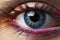 Female eye with bright and colorful makeup with eye shadow, mascara and contact lenses close-up, AI Generated