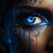 female eye with colourful blue make-up, vibrant iris, macro studio shot close up, generative AI