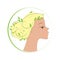 Female face in circle shape. Woman with green leaves hair. Vector logo, label or emblem design elements.