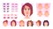 Female face constructor. Woman avatar creation kit face parts eyes lips head nose smile emotions exact vector cartoon