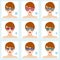 Female face shapes set. Nine icons. Girls with blue eyes, red lips and brown hairs