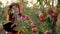 Female farmer, agronomist inspects apple harvest to avoid pests, checks the ripeness of fruit. makes notes to tablet