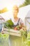 Female farmer carrying newly harvest vegetables in crate at greenhouse with yellow lens flare