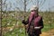 Female farmer in cherry orchard analyze blossoming trees