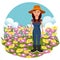 Female farmer on the flower field. Nature and agriculture concept. Flat vector