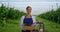 Female farmer holding box with fresh organic farm cherry at agrarian plantation.