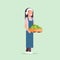 Female farmer holding box with green ripe apples woman harvesting fruits agricultural worker eco farming concept flat