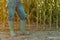 Female farmer in rubber boots standing in corn field