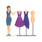 Female fashion designer flat vector illustration. Cheerful dressmaker, clothing seller, model cartoon character