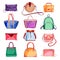 Female fashion elegant bags and purse icons and design elements set. Vector cartoon illustration