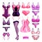Female fashion lace lingerie icons, design elements set. Vector cartoon illustration. Sexy female underwear collection