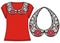 Female fashion print t-shirt, sweatshirt for silver glamor rich necklace with red precious crystals, shine brilliant stones.