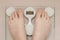 female feet on the scales, the word SOS on the display, weighing on the scales, the concept of overweight, abdominal obesity