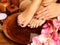 Female feet at spa salon on pedicure procedure