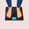 Female feet stand on the weight scale. Girl is weighed. The body on scales. â€‹Flat vector illustration.