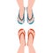 Female feet in summer sandals, flp flop. Group of people facing each other. Shoes, top view. Vector illustration