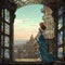 female figure looking out at the skyline of a bustling cityscape through an arched window