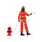 Female Firefighter Character in Red Uniform and Protective Helmet Vector Illustration