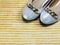 Female flat ballet shoes on colorful background