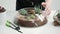 Female florist gardener decorates a mini garden in a glass vase with succulents and cacti in the sand.