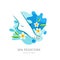 Female foot and flowers on water splash background. Vector logo,