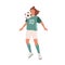 Female football player hitting ball with chest. Young woman playing soccer in green sports uniform, boots and stockings