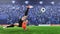 Female football player taking overhead kick on a crowded stadium