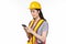 Female foreman with a safety helmet and smartphone. Woman professional builder, repairman or technician in yellow hardhat