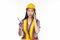 Female foreman with a safety helmet and smartphone. Woman professional builder, repairman or technician in yellow hardhat