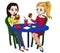 Female friends eating fast food meal in restaurant. Two people sitting, talking and having lunch burgers, fries and drinking soda