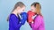 Female friendship. Girls in boxing sport. Boxer children in boxing gloves. Girls cute boxers on blue background