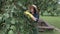 Female gardener checking the apple tree with new apples