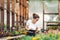 Female gardener inspecting flowers farm inside greenhouse