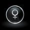 Female gender icon inside round silver and black emblem