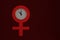 Female gender symbol with a clock. Menopause concept. Red background. 3D render