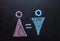 The female gender symbol is equal to the male concept of gender equality. Drawing with chalk on the chalk Board