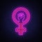 Female gender symbol neon sign vector. Feminism night light symbol, icon. Feminist protest symbol in neon style. Design