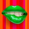 Female gloss green lips on red striped background
