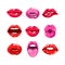 Female glossy colored lips that kiss and show tongue, white teeth or smile and happy, surprised or excited emotions.