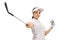 Female golfer pointing a golf club and holding a ball
