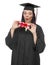 Female Graduate Holding Stack of Gift Wrapped Hundred Dollar Bills