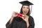 Female Graduate Holding Stack of Gift Wrapped Hundred Dollar Bills