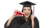 Female Graduate Holding Stack of Gift Wrapped Hundred Dollar Bills