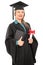 Female graduate student holding a diploma