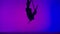 Female gymnastic duet isolated on laser blue neon studio background. Girls aerial dancers flying on gymnastic trapeze